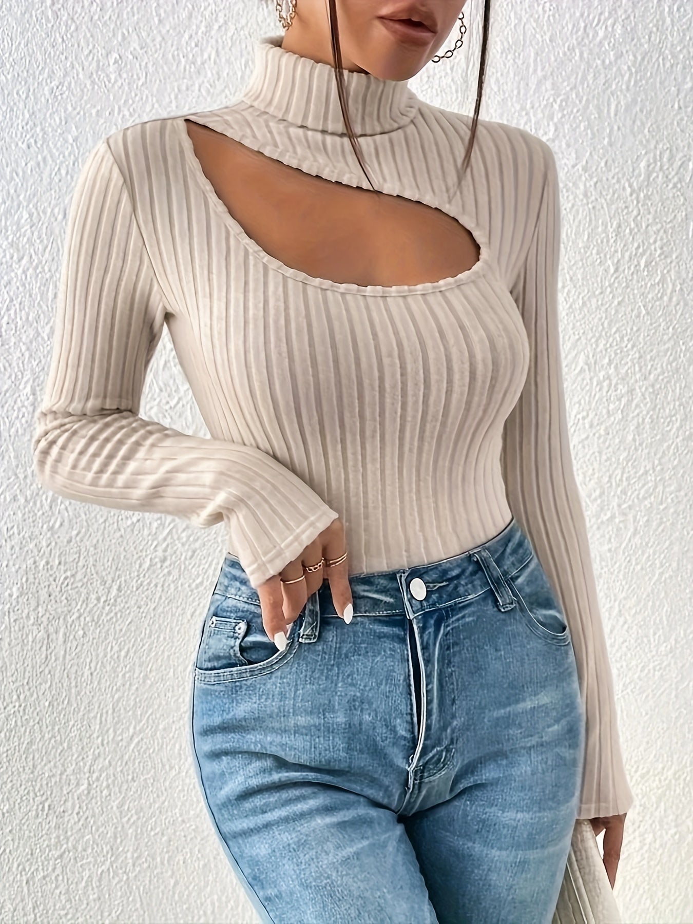 xieyinshe Solid Ribbed Cut Out T-Shirt, Casual Turtleneck Long Sleeve Top For Spring & Fall, Women's Clothing