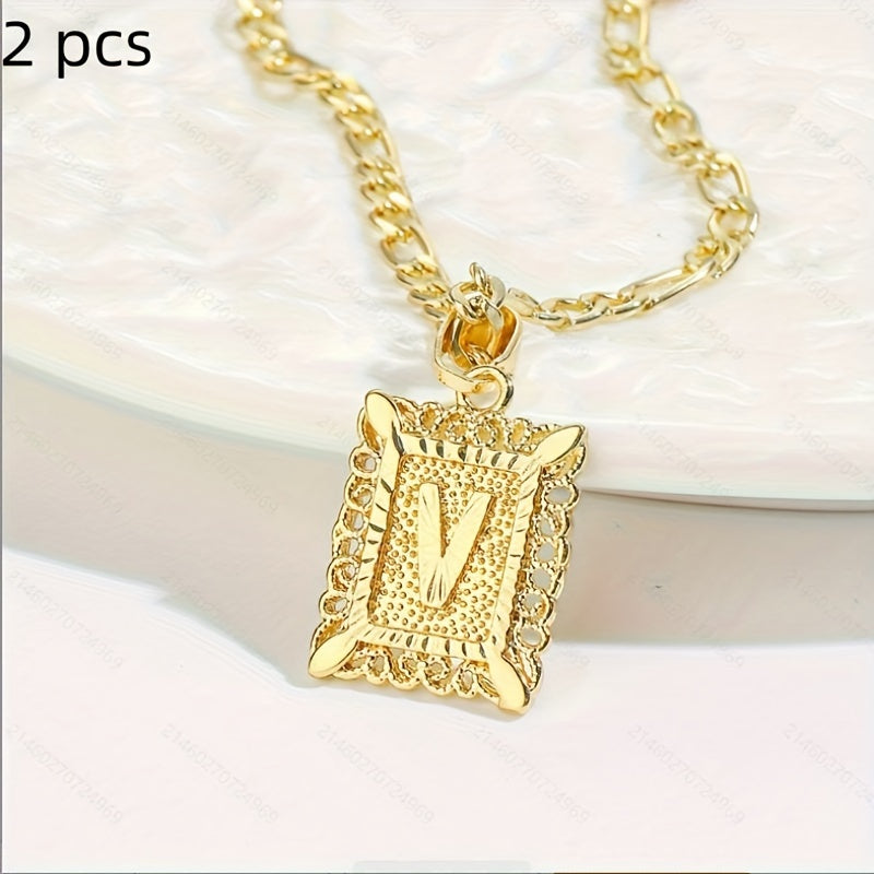 2 pcs Personalized Initial Letter Pendant Necklace - 18K Gold Plated Square Capital Monogram in Figaro Chain - Fashionable Alloy Necklace for Men and Women with A-Z Alphabet Options