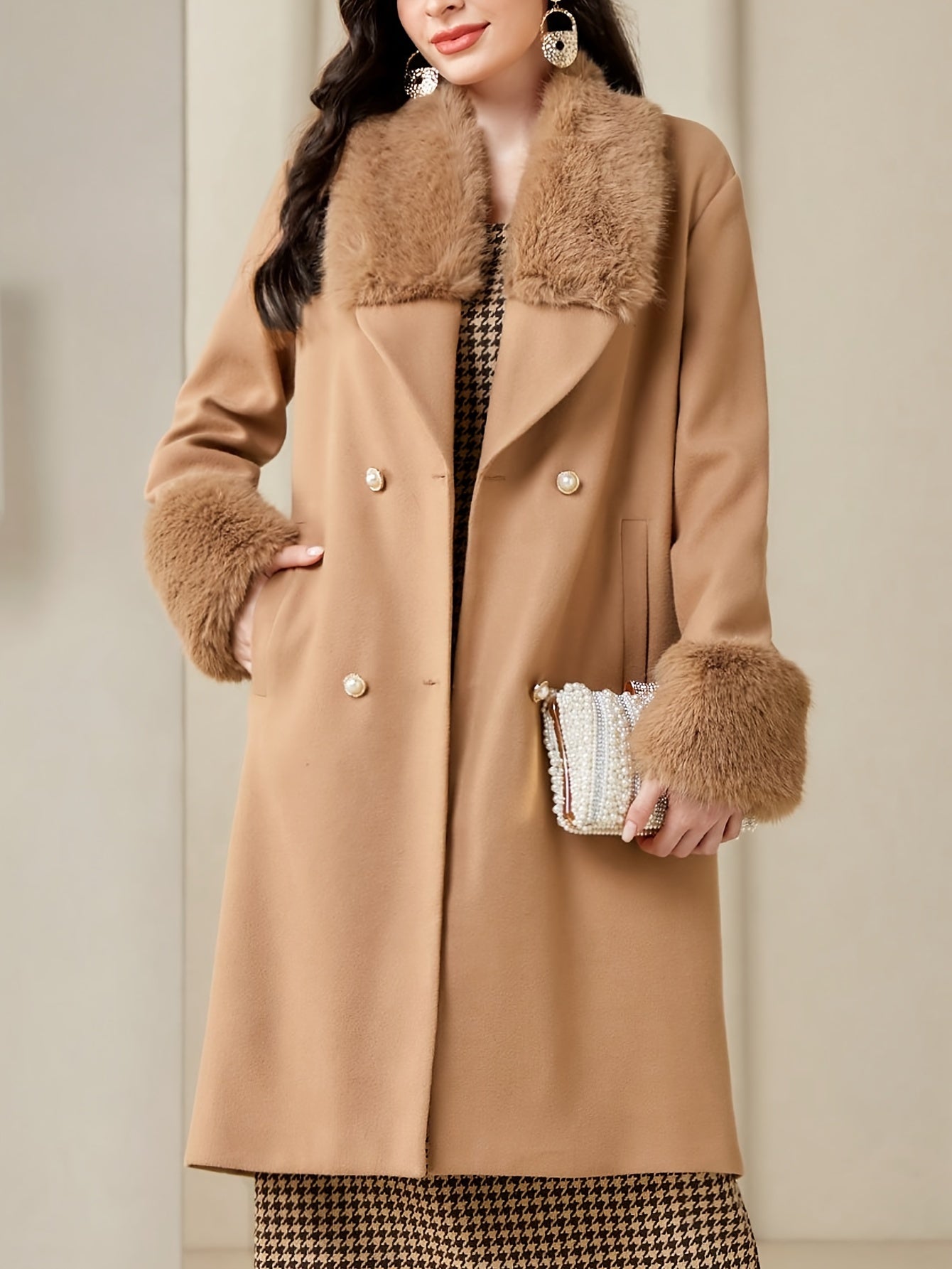 Faux Fur Collar Double Breasted Coat, Elegant Long Sleeve Winter Warm Outerwear, Women's Clothing