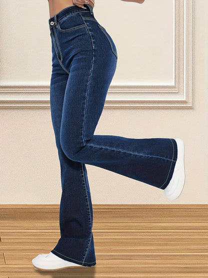 xieyinshe  Plain Blue Whiskering Stylish Flare Leg Jeans, High Rise Stretchy Stylish Denim Pants, Women's Denim Jeans & Clothing