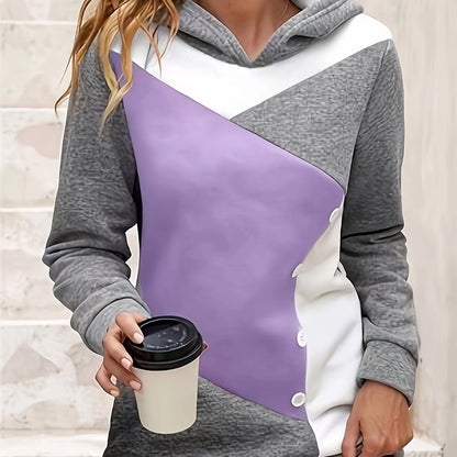 Color Block Button Hoodie, Casual Long Sleeve Hoodies Sweatshirt, Women's Clothing