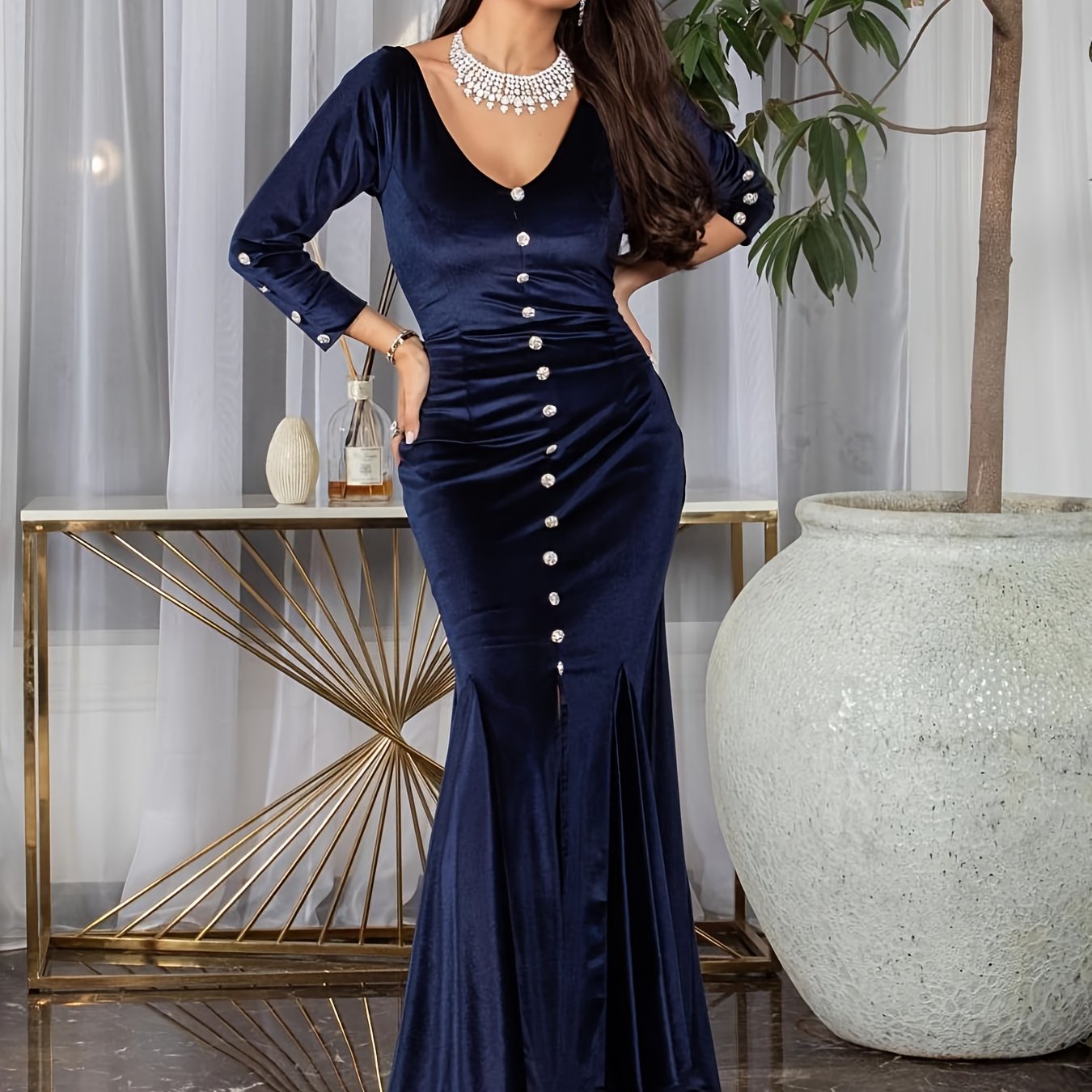 Solid Single Button V-neck Pleated Dress, Elegant Long Sleeve Velvet Dress For Party & Banquet, Women's Clothing