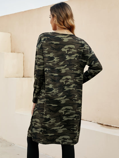 Camo Print Mid Length Coat, Casual Open Front Long Sleeve Outerwear, Women's Clothing