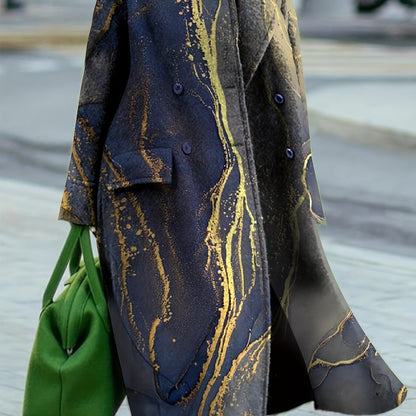 Graphic Print Trench Coat, Casual Double Breasted Lapel Outerwear, Women's Clothing