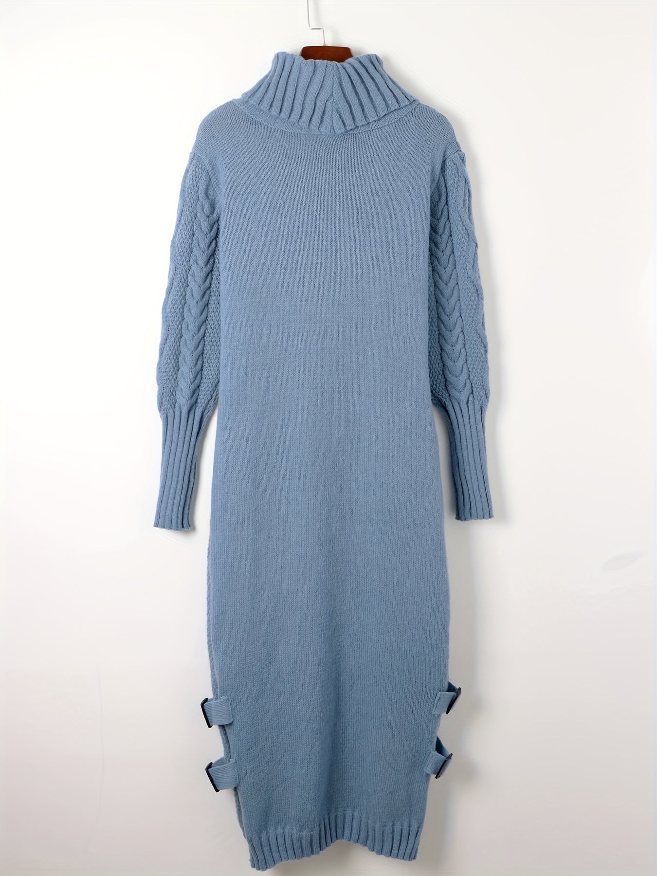 Turtleneck Cable Knit Sweater Dress, Elegant Long Sleeve Solid Dress, Women's Clothing