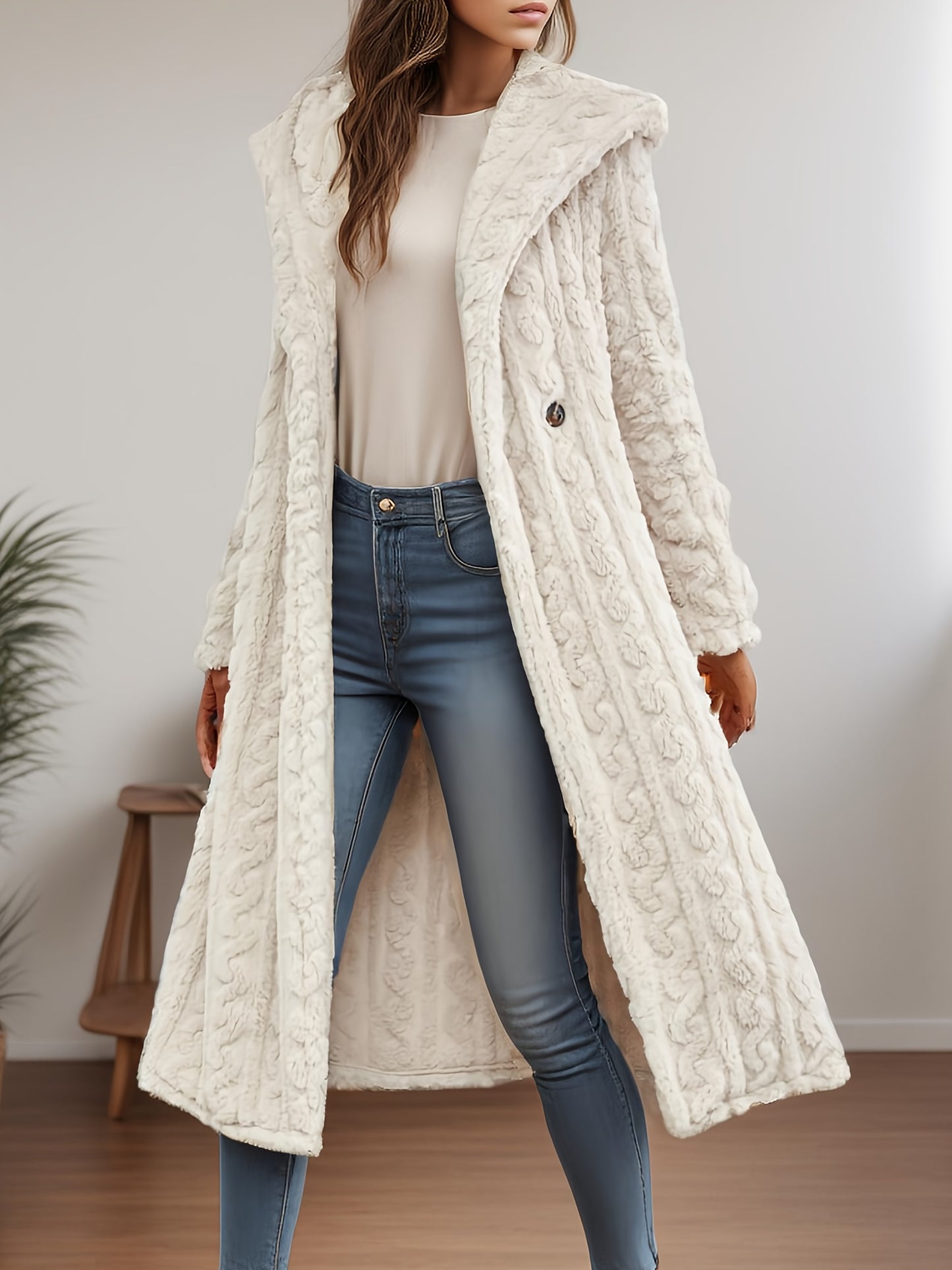 xieyinshe  Plus Size solid Fuzzy Hooded Coat, Warm Long Sleeve Outwear For Fall & Winter, Women's Plus Size Clothing