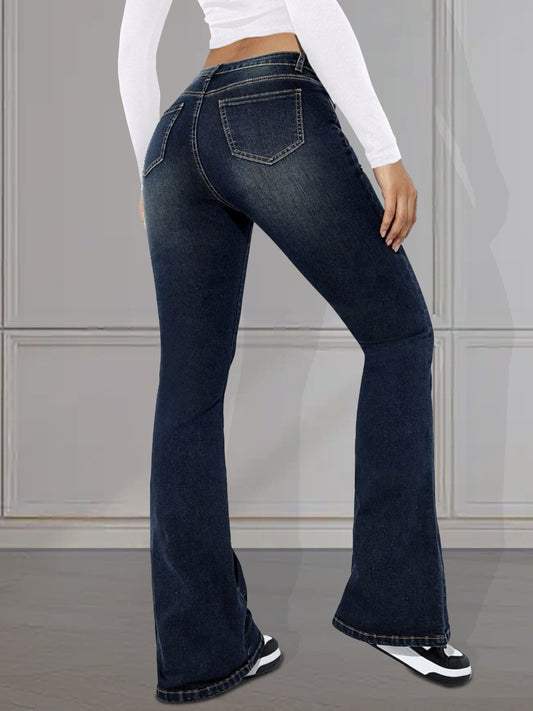 xieyinshe  High Stretch Casual Flare Jeans, Slant Pockets Versatile Bell Bottom Jeans, Women's Denim Jeans & Clothing