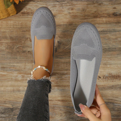 Women's Black Slip On Flats, Breathable Knitted Round Toe Non-slip Shoes, Casual Lightweight Walking Shoes