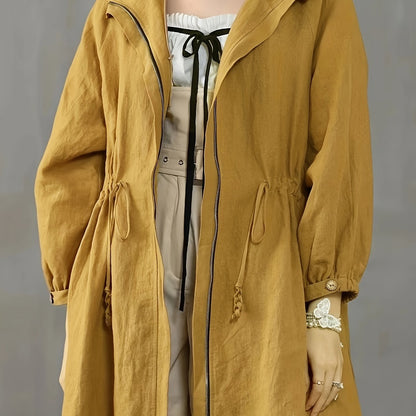 Plus Size Casual Trench Coat, Women's Plus Solid Drawstring Long Sleeve Zipper Hooded Trench Coat