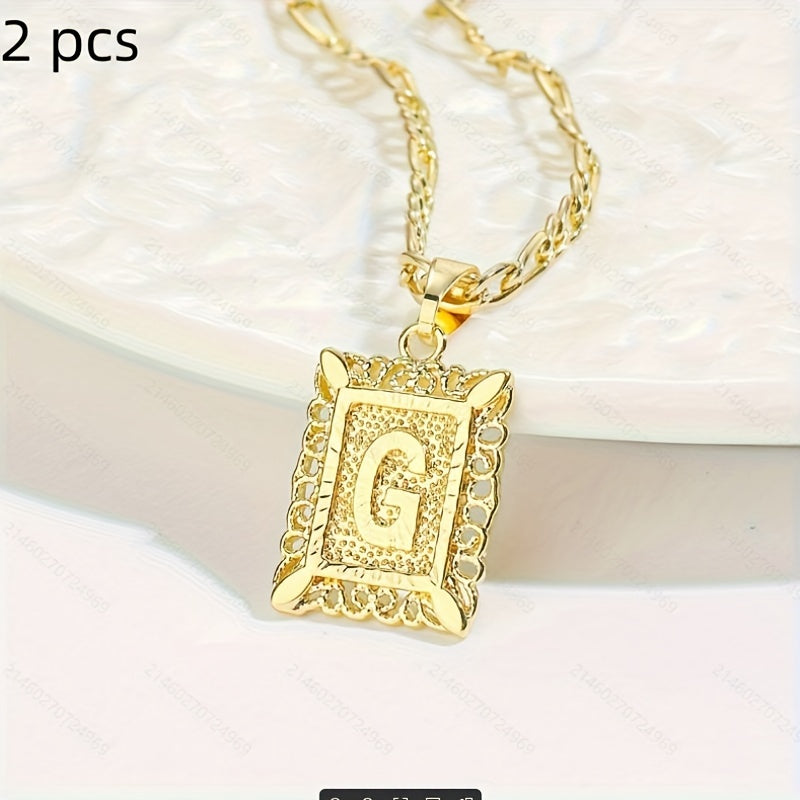 2 pcs Personalized Initial Letter Pendant Necklace - 18K Gold Plated Square Capital Monogram in Figaro Chain - Fashionable Alloy Necklace for Men and Women with A-Z Alphabet Options