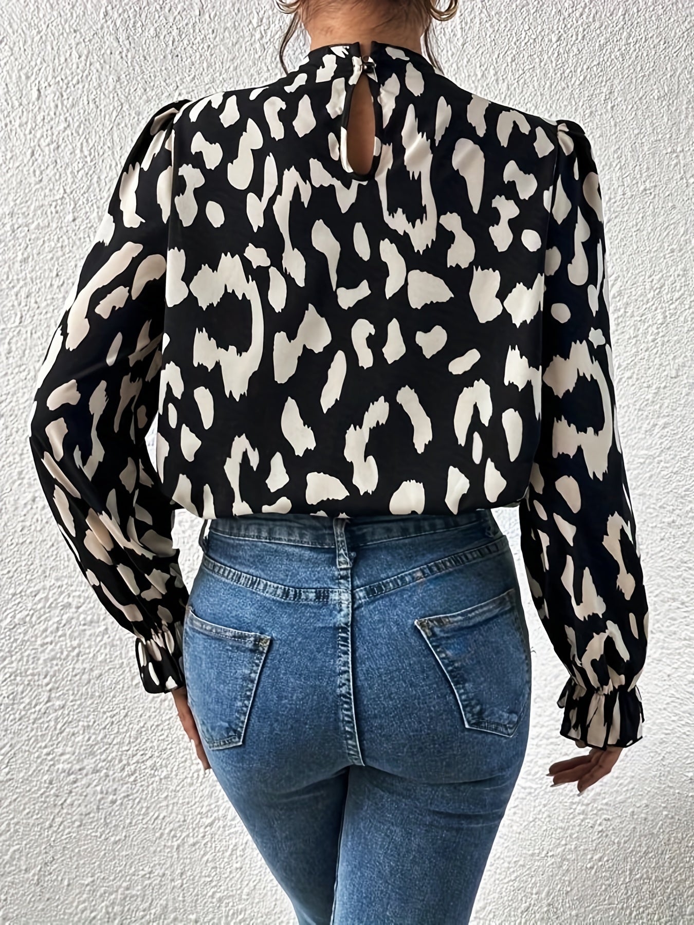 Leopard Print Keyhole Blouse, Casual High Neck Long Sleeve Blouse, Women's Clothing