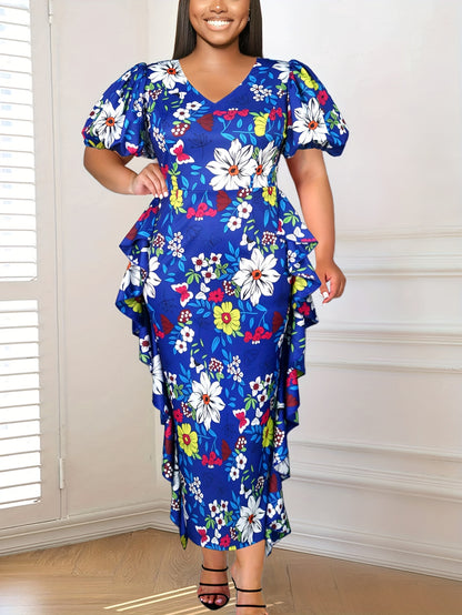 Plus Size Midi Bodycon Dress - Elegant V Neck, Ruffle Trim, Lantern Sleeves, Slight Stretch, Random Print - Perfect for Party & Banquet, All-Season Wear