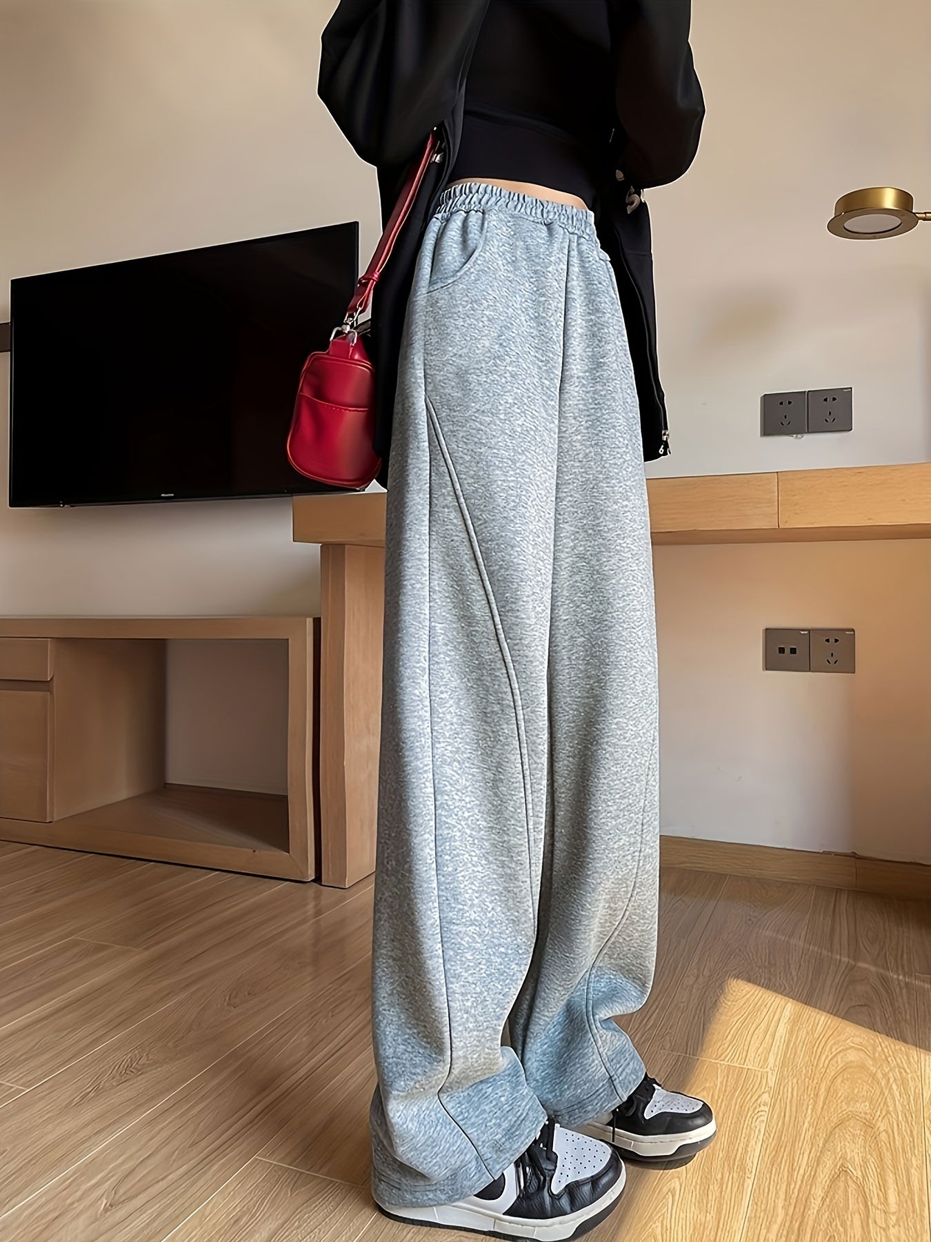 xieyinshe  Solid Elastic High Waist Sweatpants, Casual Sporty Wide Leg Pants With Pocket, Women's Clothing