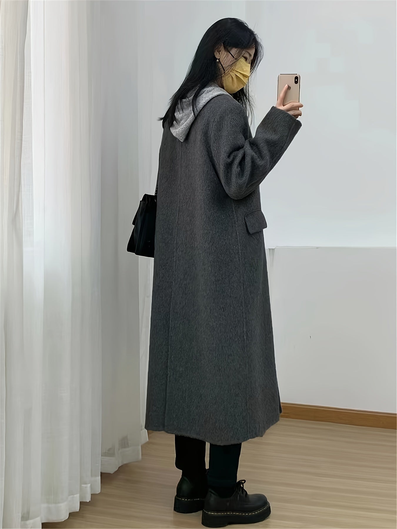 Notched Collar Double-breasted Coat, Casual Long Sleeve Midi Overcoat For Fall & Winter, Women's Clothing