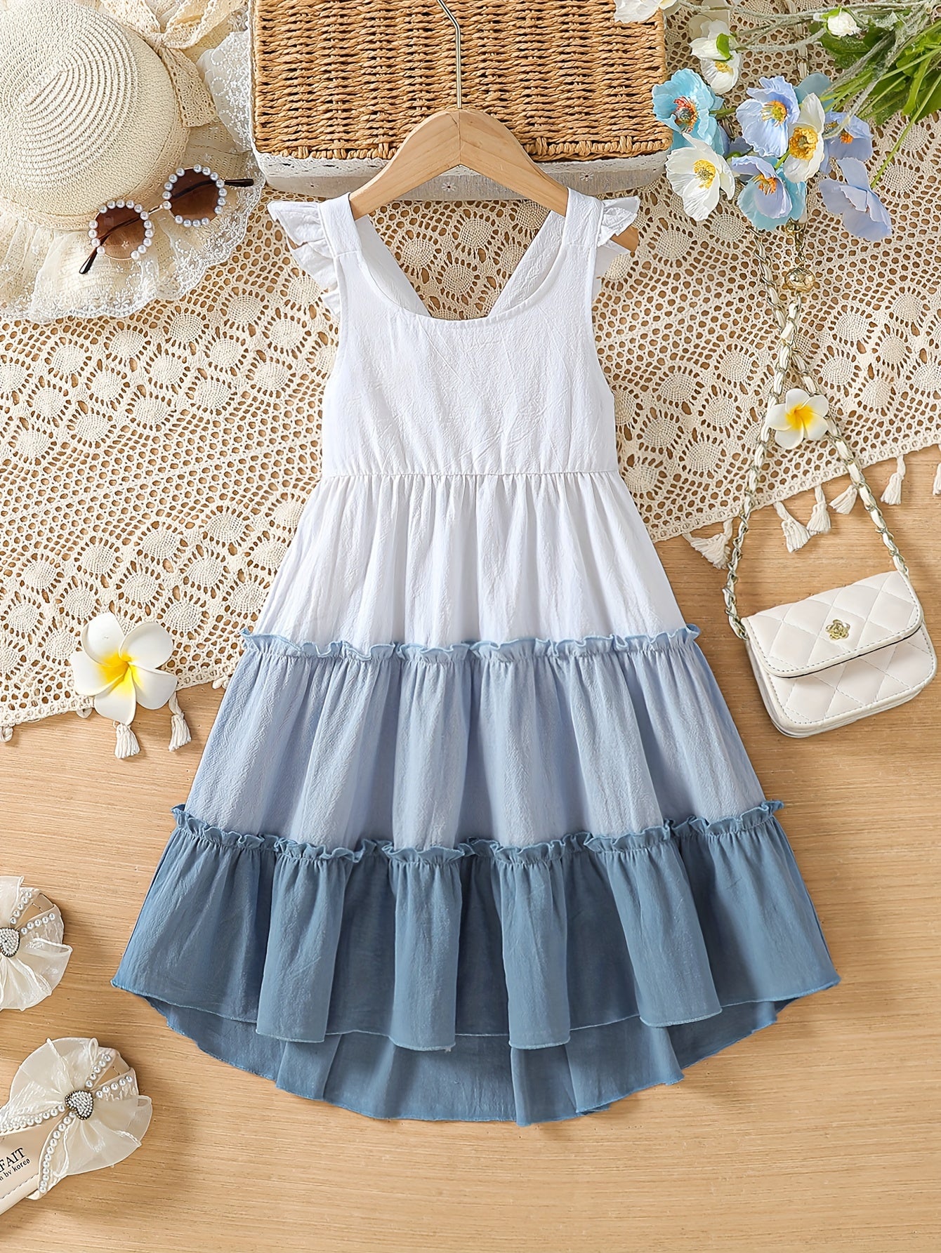 100% Cotton Little Princess Sleeveless Color Block Ruffle Trim Dress - Soft, Breathable, Regular Fit, Perfect for Summer Holiday Party and Outdoor Play - Girls Casual Wear