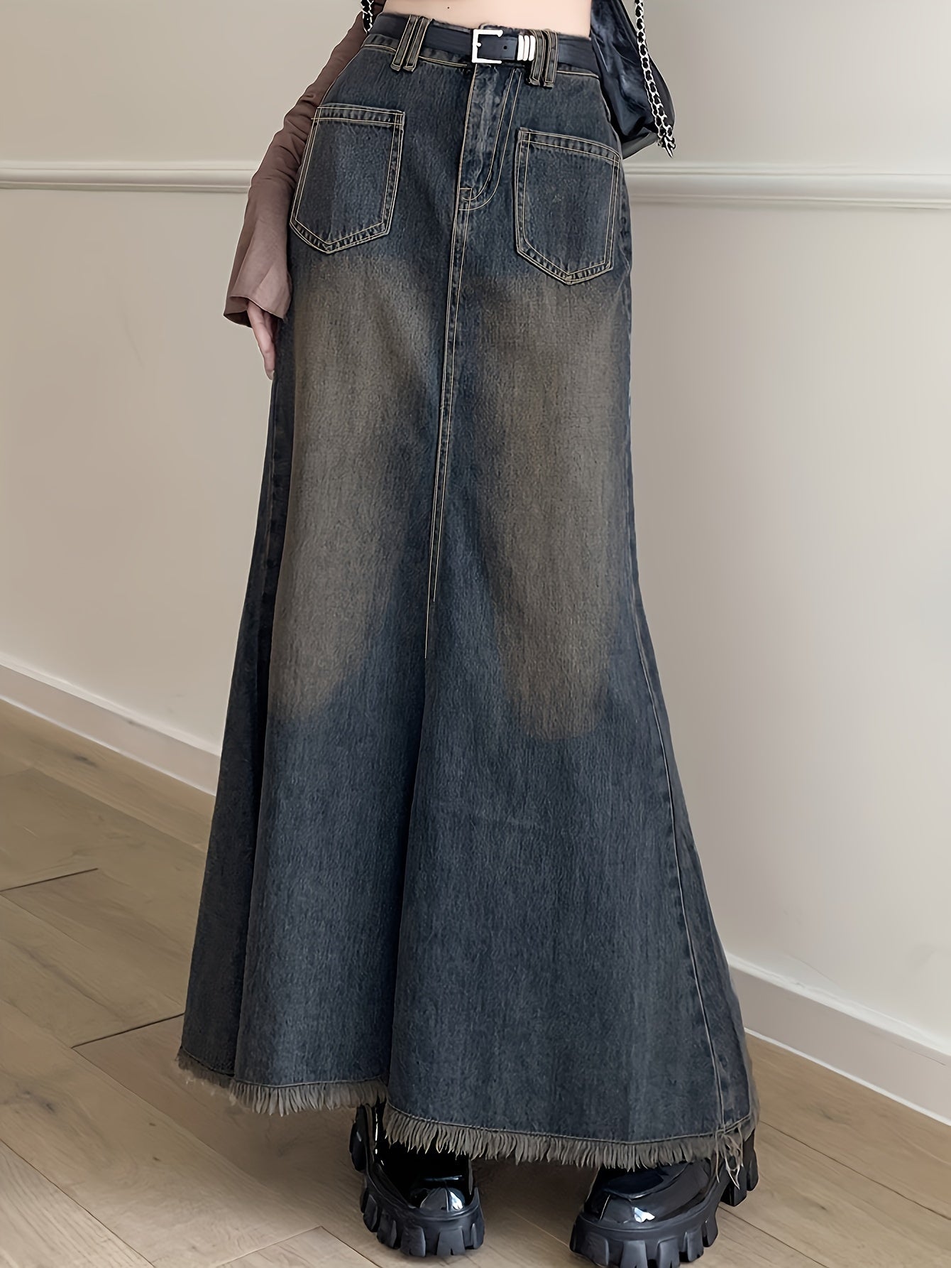 xieyinshe  Raw Hem Patch Pocket Trumpet Denim Skirt, Vintage Washed High Rise Elegant Maxi Denim Skirt, Women's Denim Jeans & Clothing