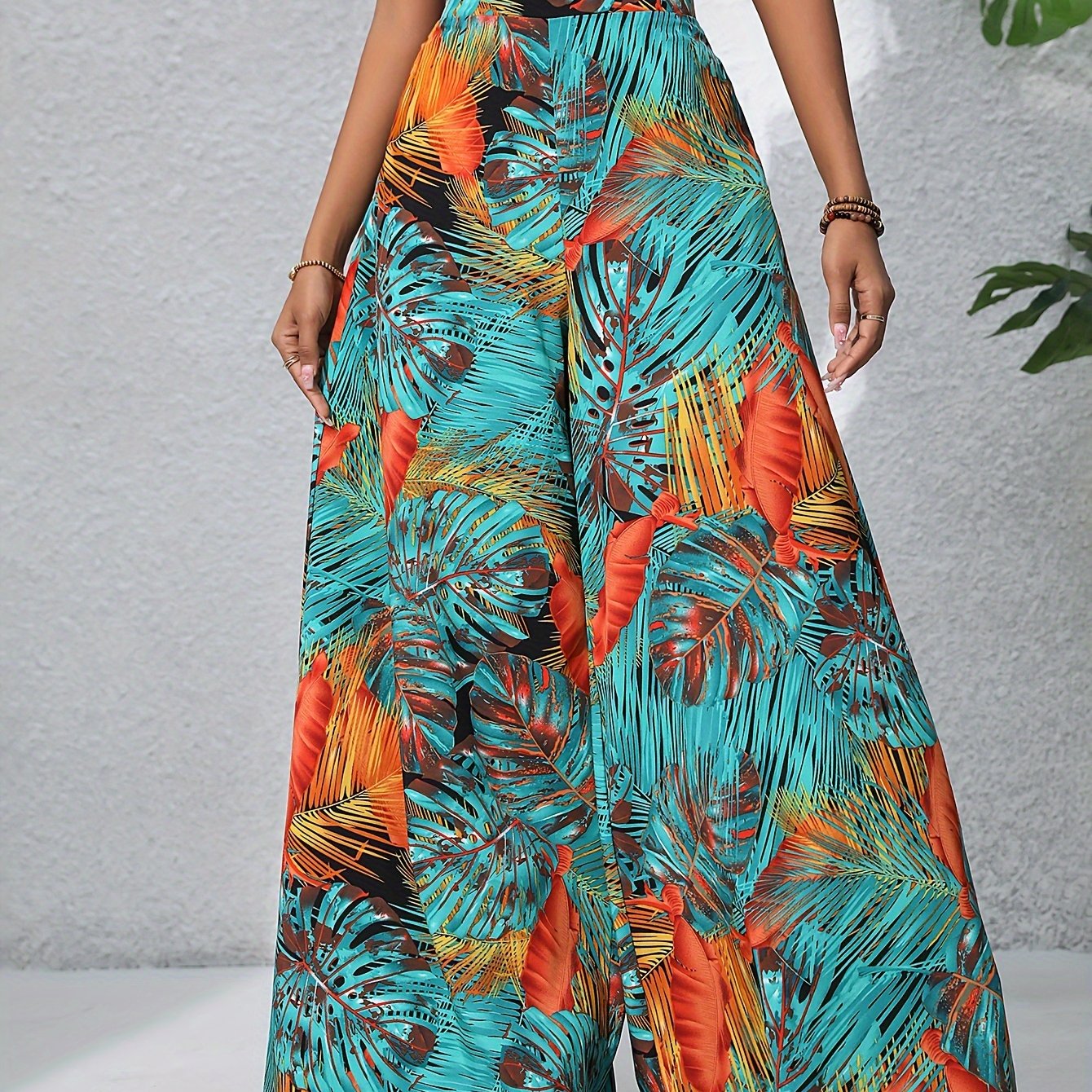 xieyinshe  Boho Plants Print Pants, Casual High Waist Elastic Wide Leg Summer Beach Palazzo Pants, Women's Clothing