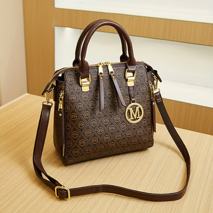 xieyinshe Letter "M" Decor Retro Handbag, Fashion Printing Zipper Shoulder Bag, Ladies Leisure Commuter Bag