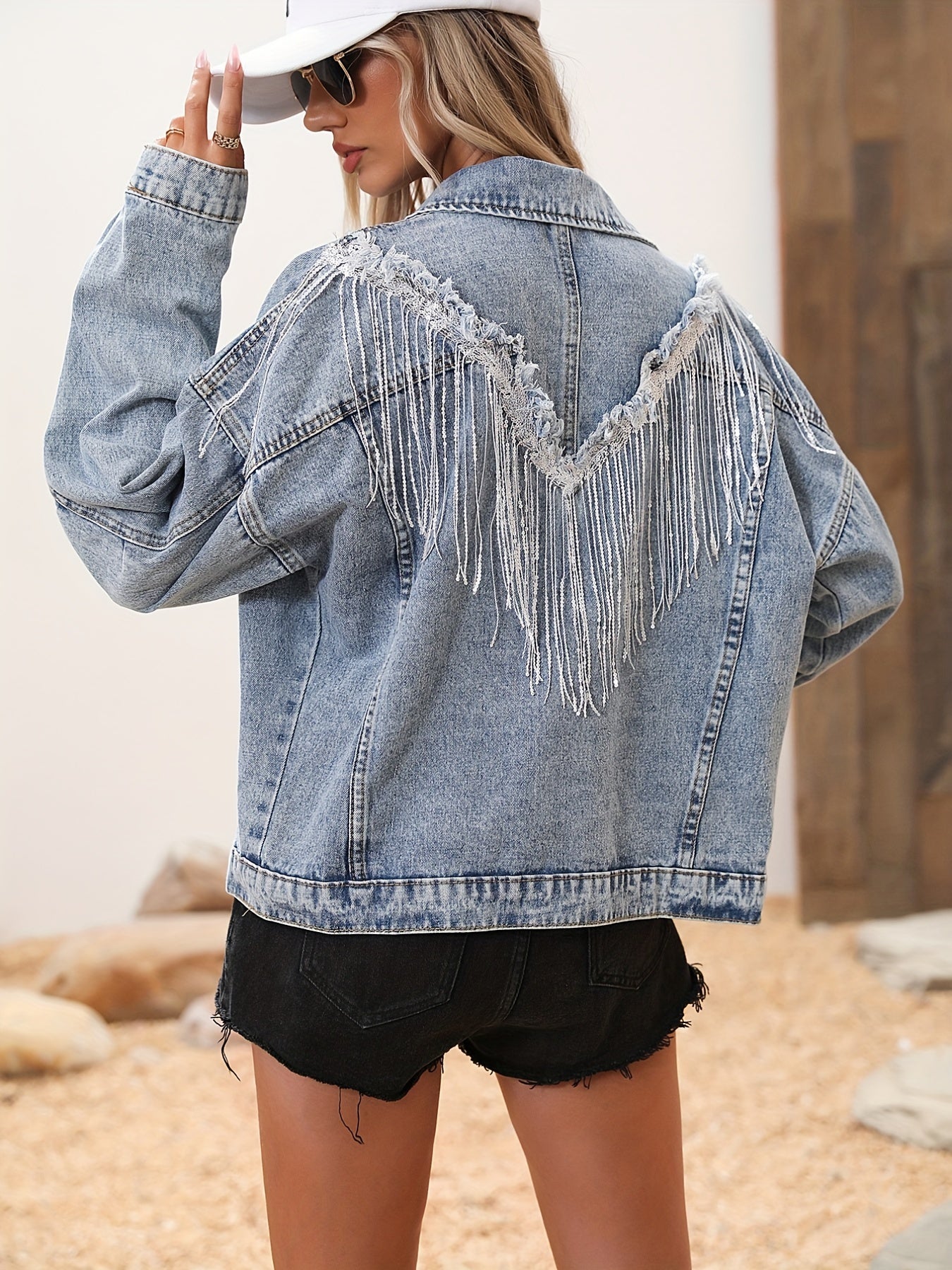 Light Blue Tassel Sequins Denim Jackets, Long Sleeve Flap Pockets Single-Breasted Button Loose Fit Denim Coats, Women's Denim Clothing