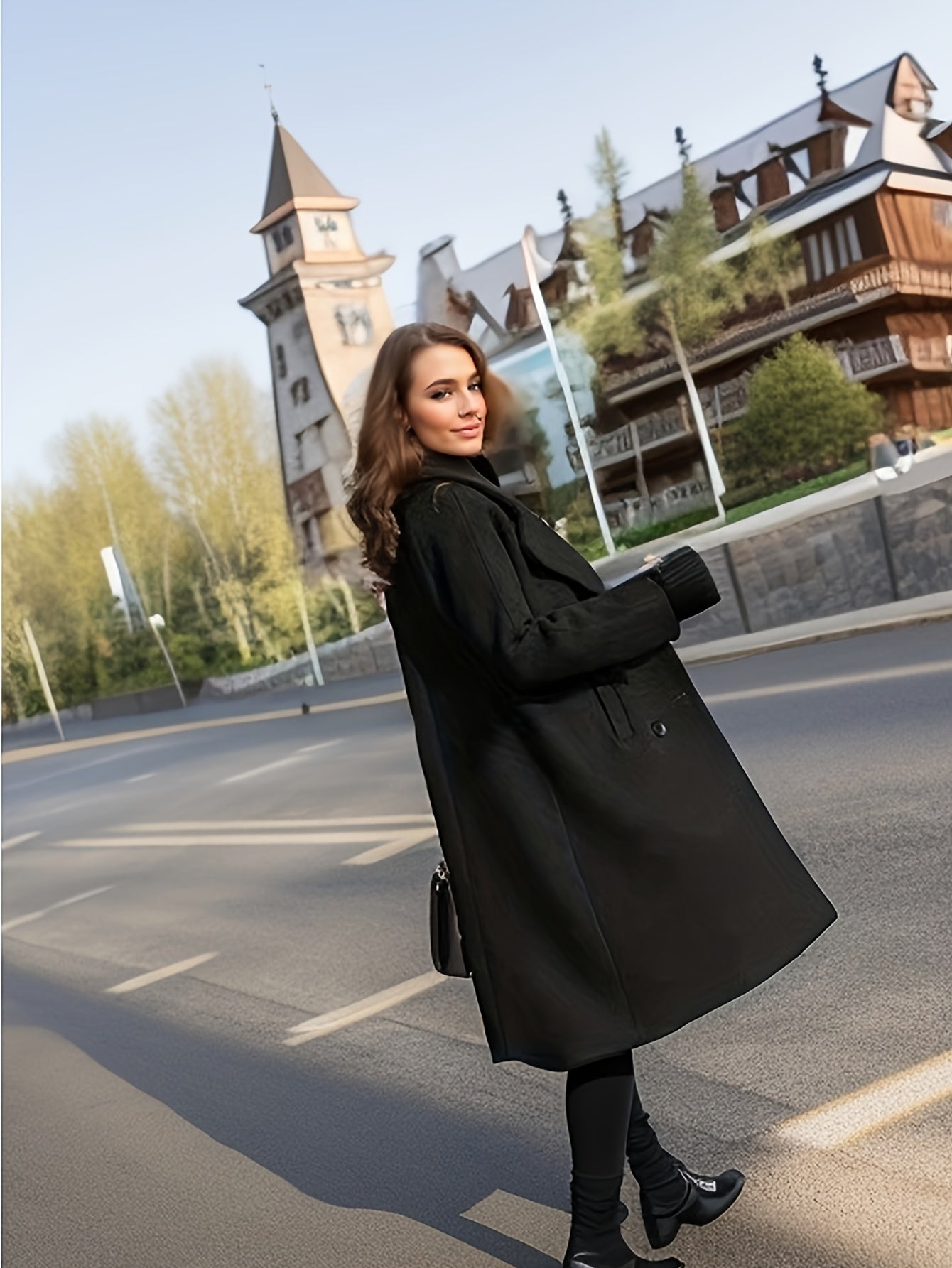 xieyinshe Double Breasted Solid Overcoat, Casual Open Front Lapel Winter Outerwear, Women's Clothing