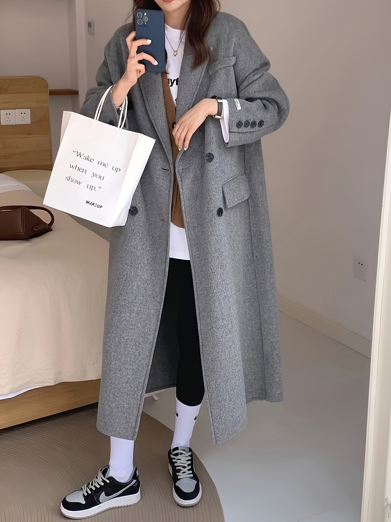 xieyinshe  Double Breasted Lapel Coat, Casual Long Sleeve Fall & Winter Outerwear, Women's Clothing