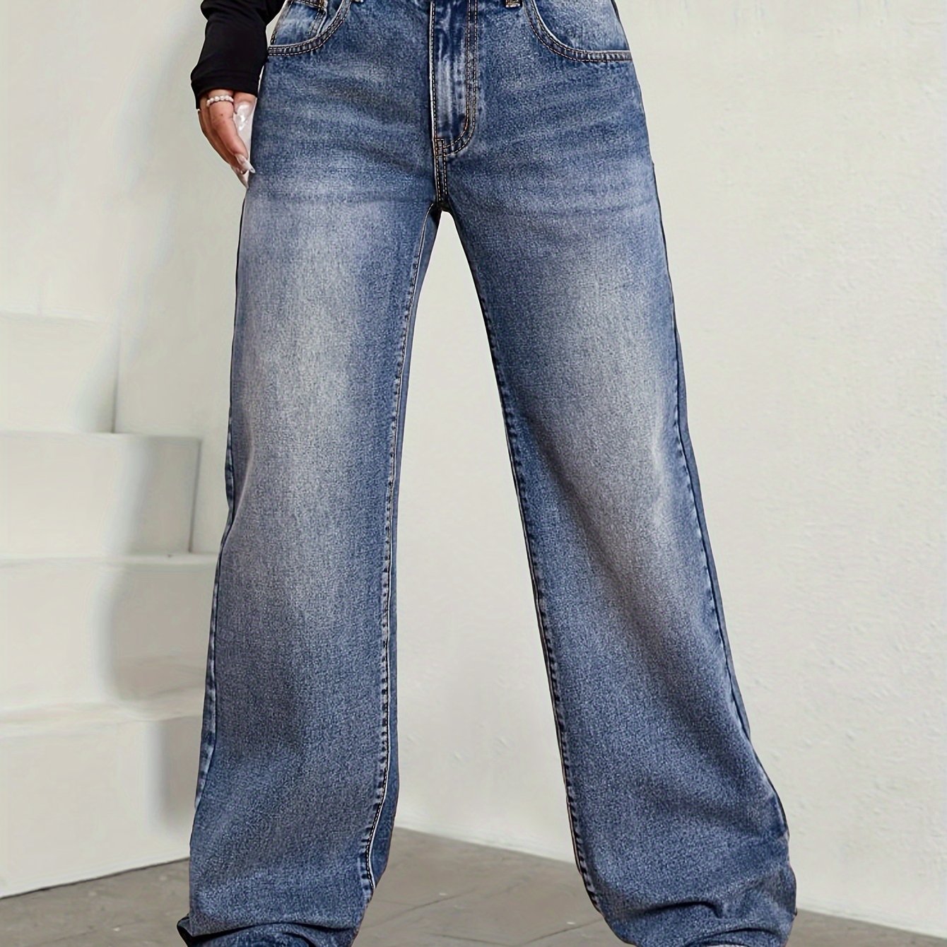 xieyinshe  Whiskering Washed Blue Wide Leg Jeans, Loose Fit Slash Pocket Comfy Denim Pants, Women's Denim Jeans & Clothing