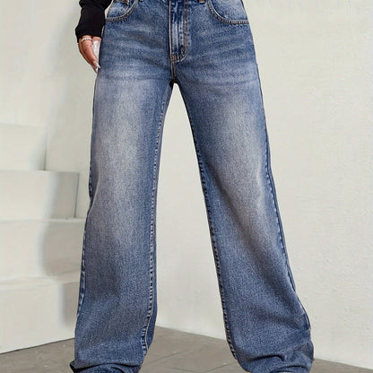 xieyinshe  Whiskering Washed Blue Wide Leg Jeans, Loose Fit Slash Pocket Comfy Denim Pants, Women's Denim Jeans & Clothing