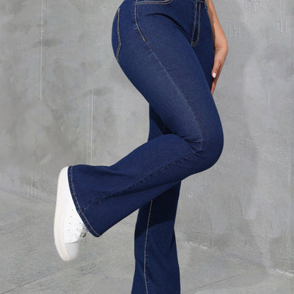 xieyinshe  Plain Medium Sblue Bootcut Jeans, High Stretch Preppy Style Flare Leg Denim Pants, Women's Denim Jeans & Clothing