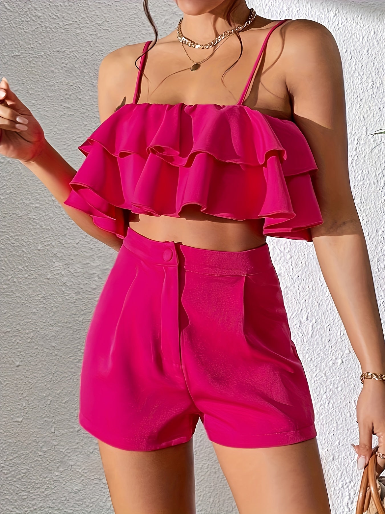 xieyinshe  Solid Elegant Shorts Suits, Ruffle Hem Square Neck Cami Top & High Waist Pocket Wide Leg Shorts Outfits, Women's Clothing