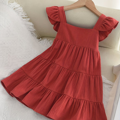 Toddler Girls Ruffled Sleeves Square Collar Ruffle Hem Cotton Princess Dress For Party Beach Vacation Kids Summer Clothes