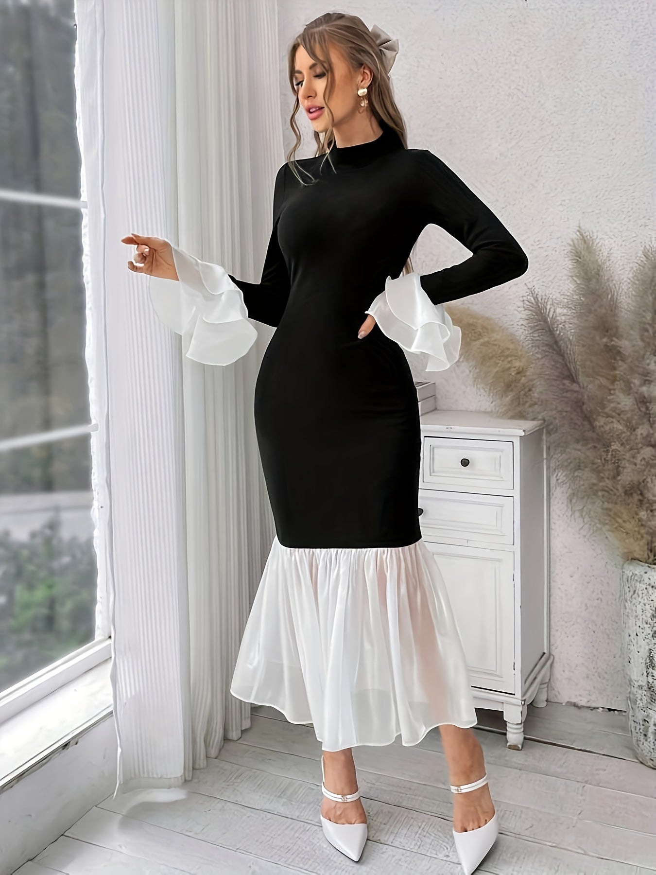 xieyinshe  Color Block Bodycon Dress, Elegant Mock Neck Long Sleeve Dress For Party & Banquet, Women's Clothing