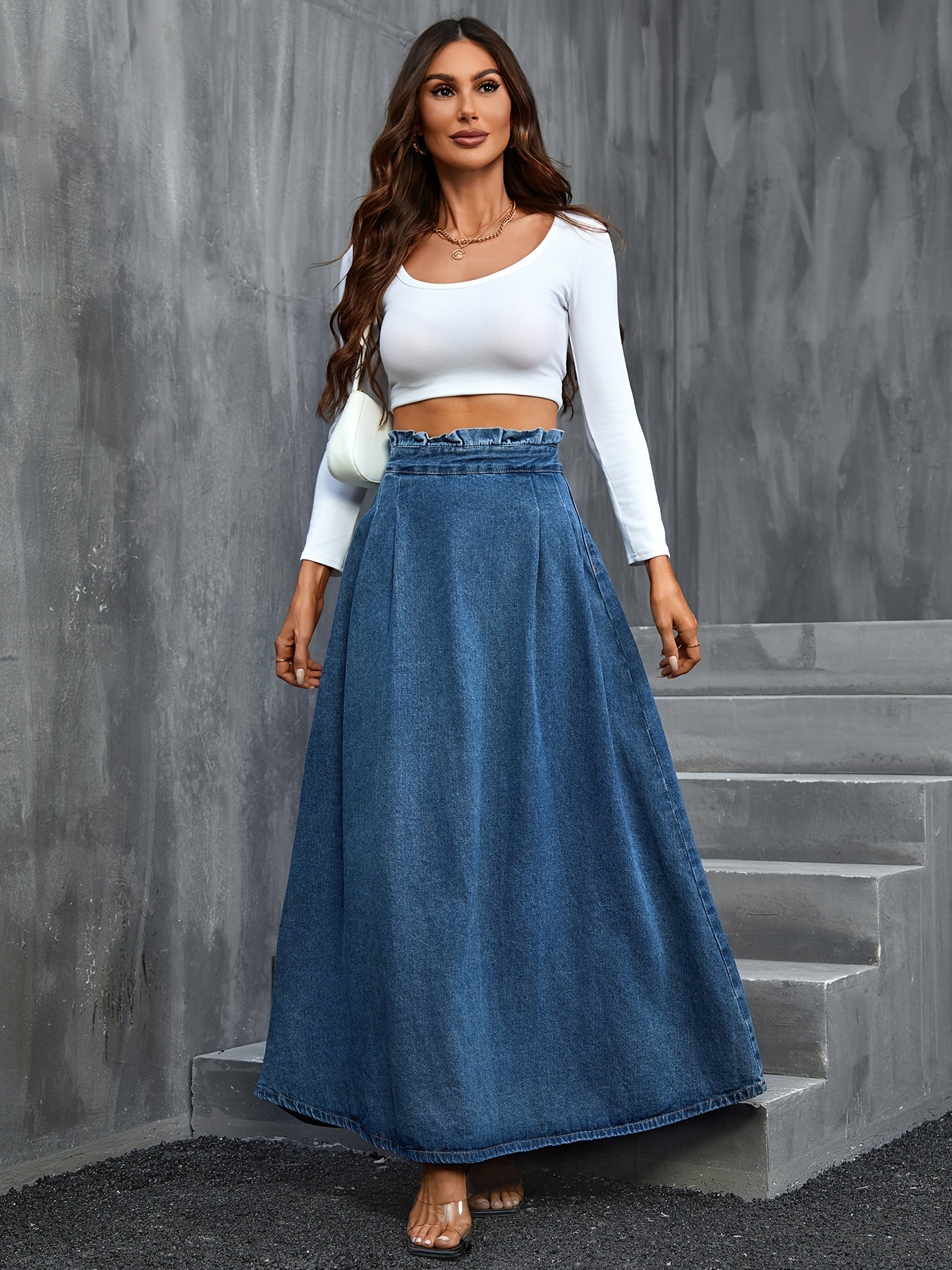 xieyinshe  Blue Paperbag Waist Denim Maxi Skirt, Non-Stretch Elegant Denim Skirt, Women's Denim Clothing