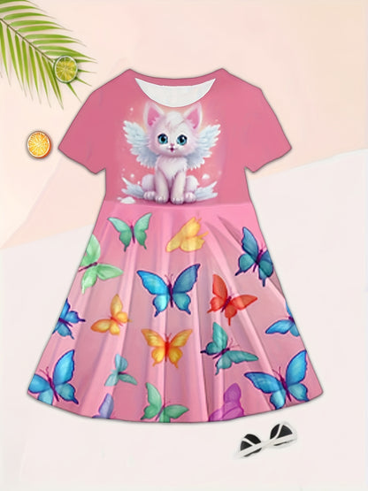 3D Cat Print Girls Dress - Short Sleeve Casual Crew Neck - Adorable Summer Fashion with Fun Prints - Comfortable & Lightweight, Perfect Gift for Little Fashionistas