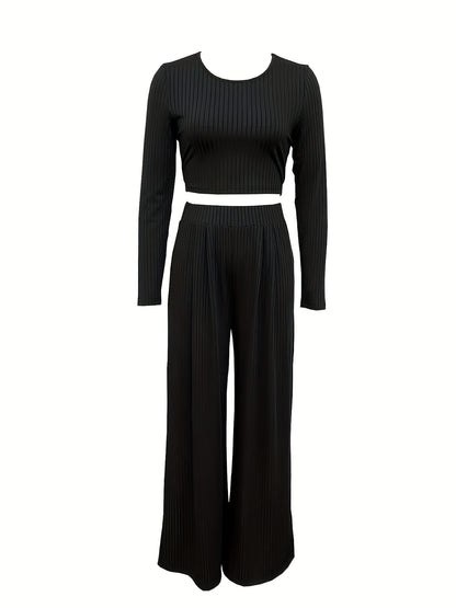 Solid Casual Two-piece Set, Crew Neck Long Sleeve Tops & High Waist Wide Leg Pants Outfits, Women's Clothing