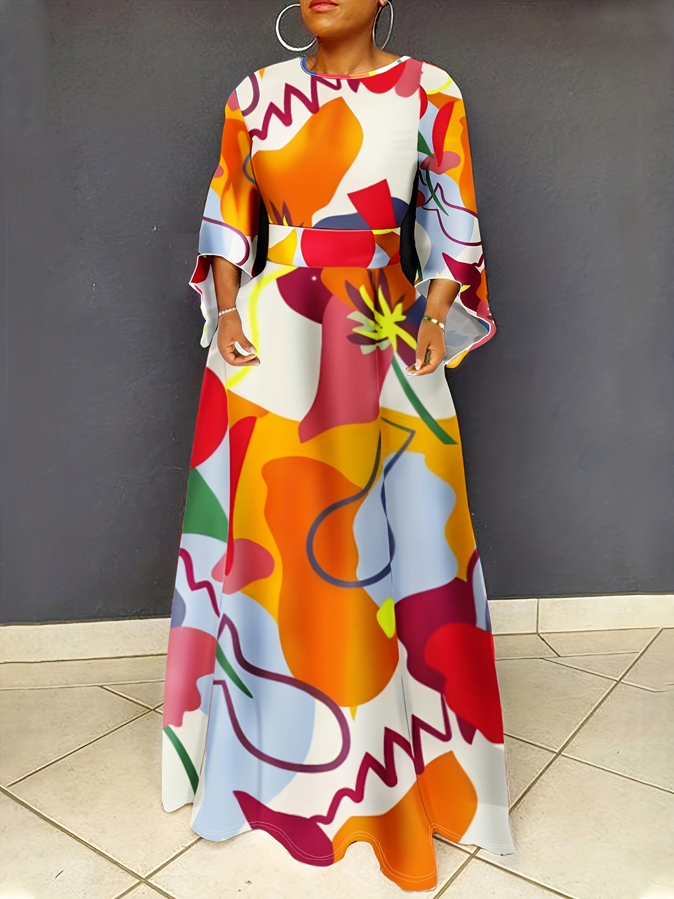 Plus Size Casual Dress, Women's Plus Colorblock Graffiti Print Bell Sleeve Round Neck Slight Stretch Maxi Dress With Pockets