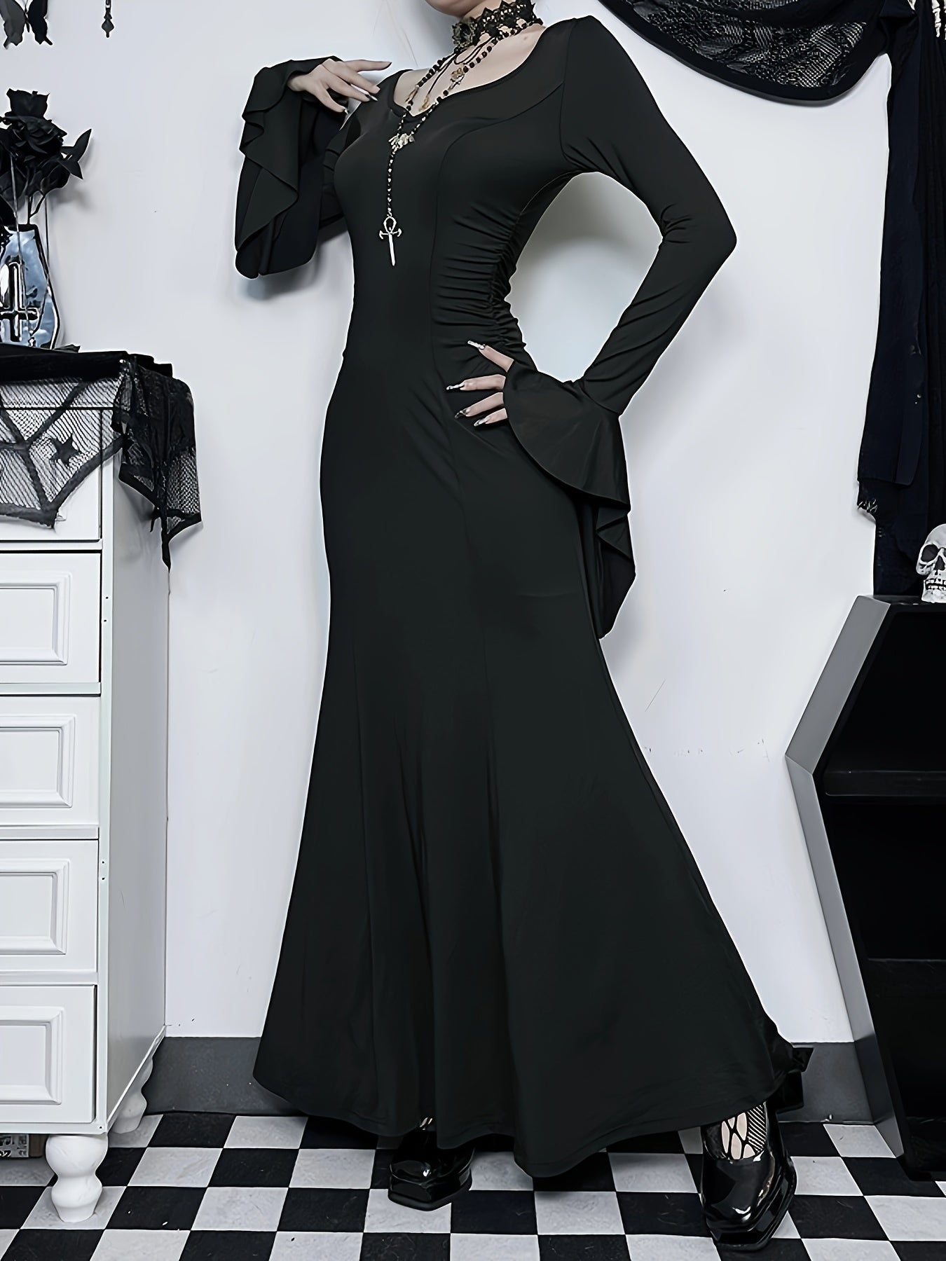 Solid Color Flared Sleeve Dress, Gothic V Neck Maxi Length Trumpet Dress, Women's Clothing