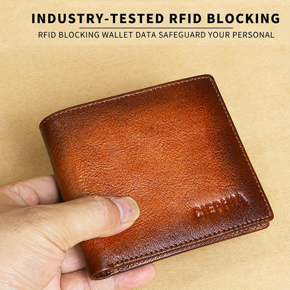 Mens Vintage Genuine Leather Bifold Wallet - RFID Blocking, Dual ID Windows, Spacious & Durable - Ideal Gift