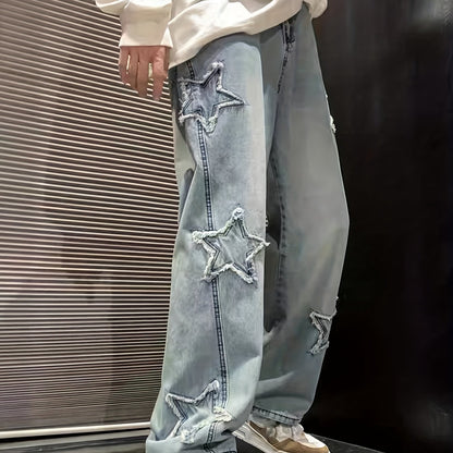 xieyinshe  Y2k Men's Star Pattern Wide Leg Jeans, Casual Street Style Denim Pants