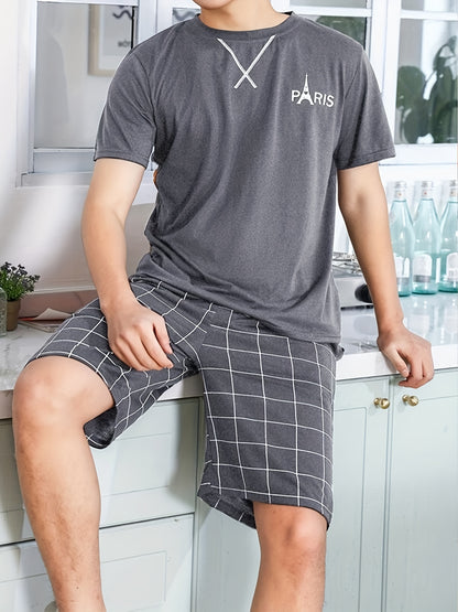 2 Pcs Mens Pajama Sets - Stylish Letter Pattern Short Sleeve T-Shirts & Soft Plaid Shorts, Gentle Style for Relaxed Fit, Ultra-Soft Fabric, Perfect for Mens Summer Lounging and Relaxation, Ideal Cozy Loungewear for Warm Weather