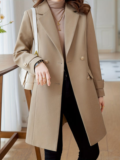 xieyinshe Solid Double Breasted Lapel Overcoat, Elegant Long Sleeve Mid Length Coat  For Fall & Winter, Women's Clothing