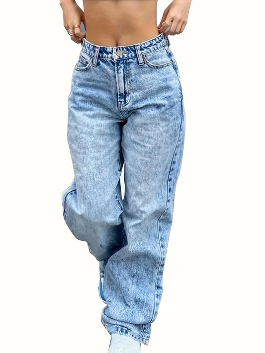 xieyinshe  Blue Loose Fit Straight Jeans, Slant Pockets Non-Stretch Mid Waist Denim Trousers, Women's Denim Jeans & Clothing