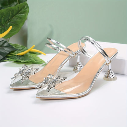 xieyinshe  Women's Rhinestone Butterfly High Heels, Fashion Transparent Pointed Toe Slingback Sandals, Stylish Party & Banquet Sandals