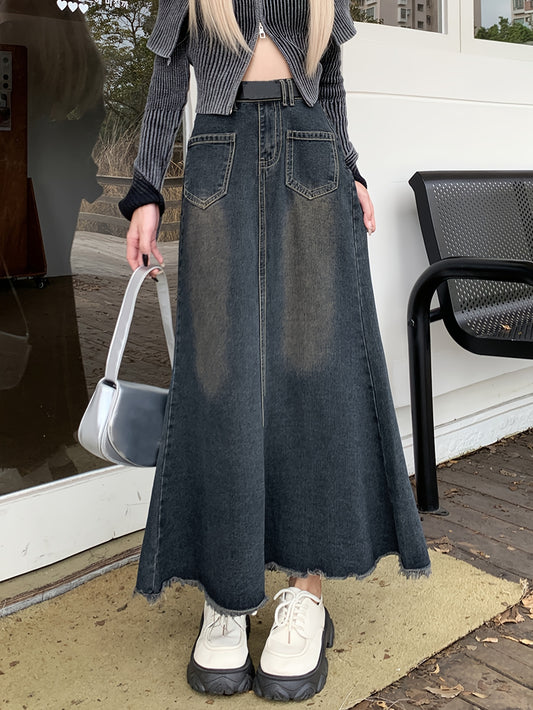 xieyinshe  Raw Hem Vintage Washed A-line Denim Skirt, High Rise Patch Pocket Maxi Denim Skirt, Women's Denim Jeans & Clothing