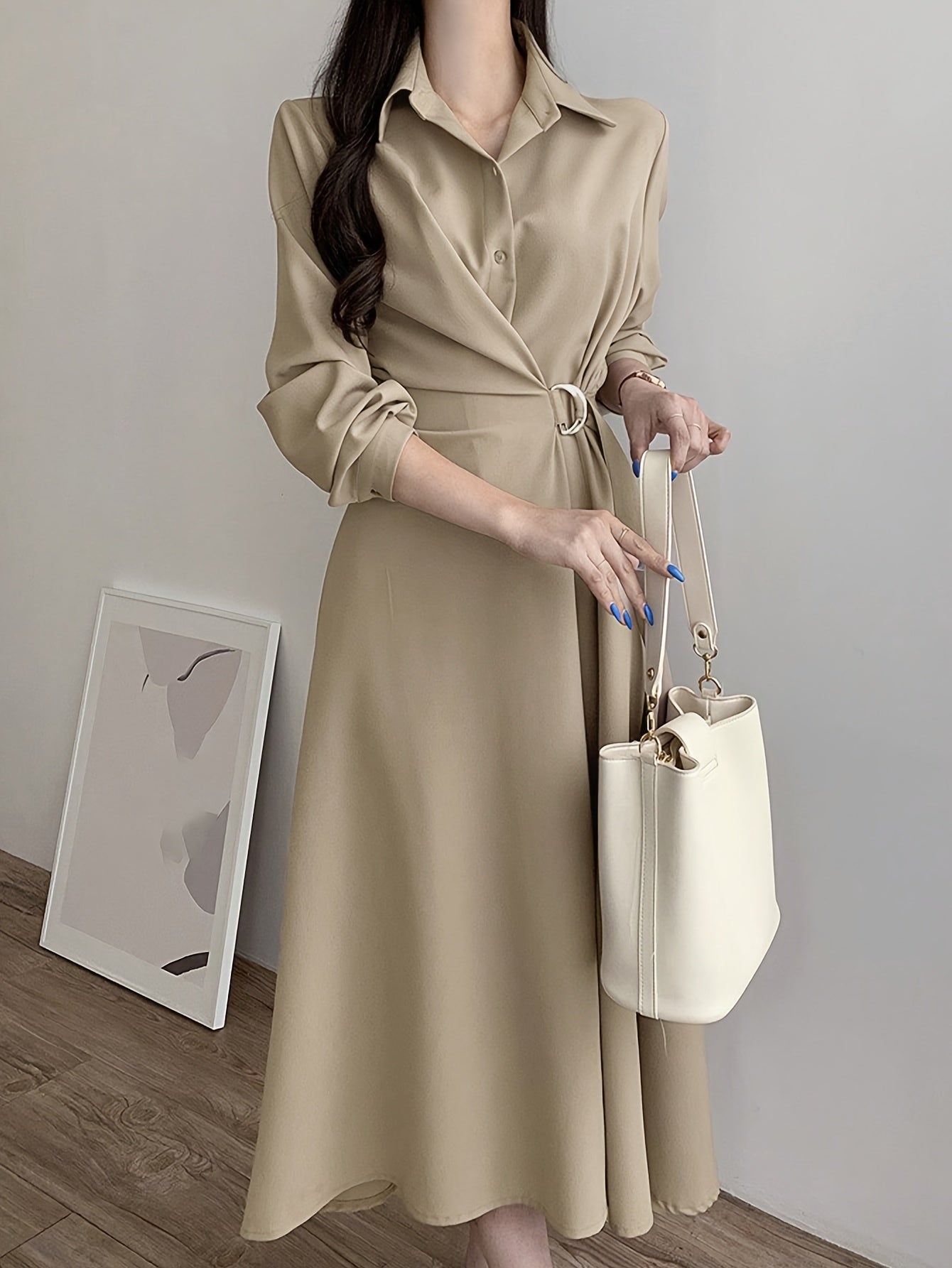 xieyinshe  A-line Button Front Dress, Elegant Long Sleeve Dress For Spring & Fall, Women's Clothing