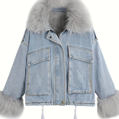 Fluffy Plush Collar & Cuffs Winter Warm Fur Fleece Coat, Extra Large Square Pockets Drawstring Hem Denim Jacket, Women's Denim Jackets