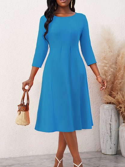 Solid 3/4 Sleeve Dress, Elegant Crew Neck Bodycon Midi Dress, Women's Clothing