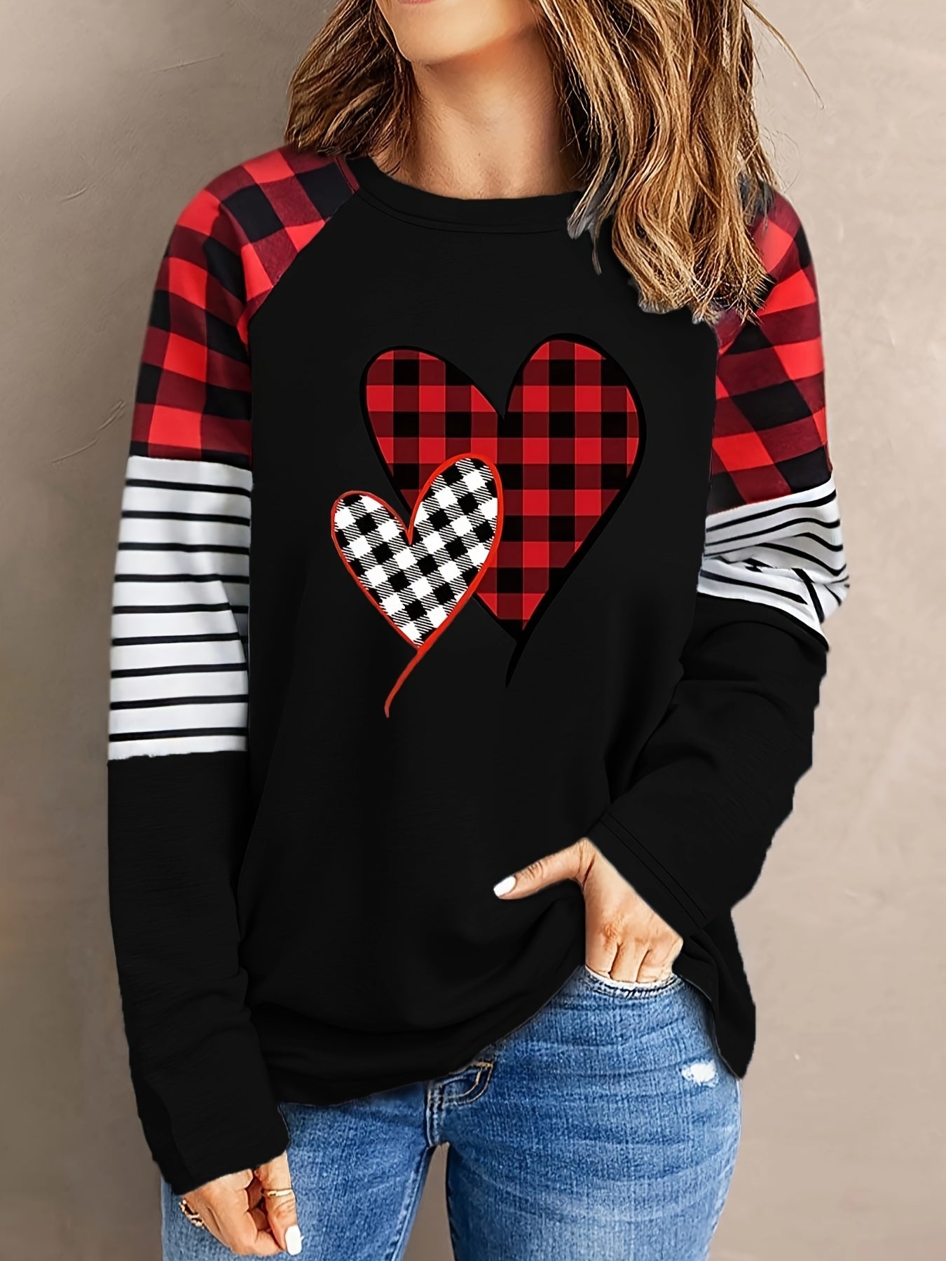 xieyinshe  Stripe & Plaid Heart Print Sweatshirt, Casual Long Sleeve Sweatshirt For Spring & Fall, Women's Clothing