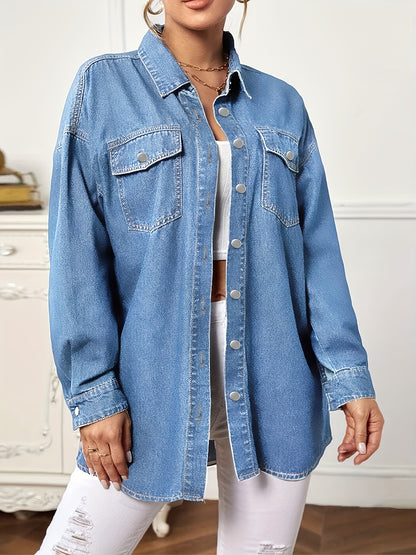 Oversized Flap Pocket Denim Jackets, Button Closure Long Sleeve Denim Shirts, Women's Denim Clothing