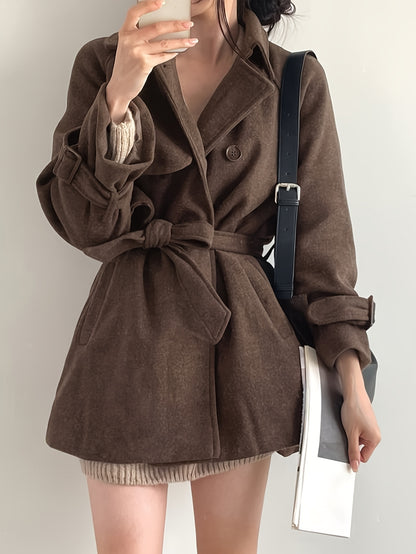 xieyinshe  Solid Lapel Belted Overcoat, Elegant Long Sleeve Winter Warm Outwear, Women's Clothing