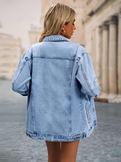 Oversized Distressed Flap Pockets Denim Jacket, Ripped Deco Long Sleeve Butt Cover Denim Coat, Women's Denim Jackets & Coats, Women's Clothing